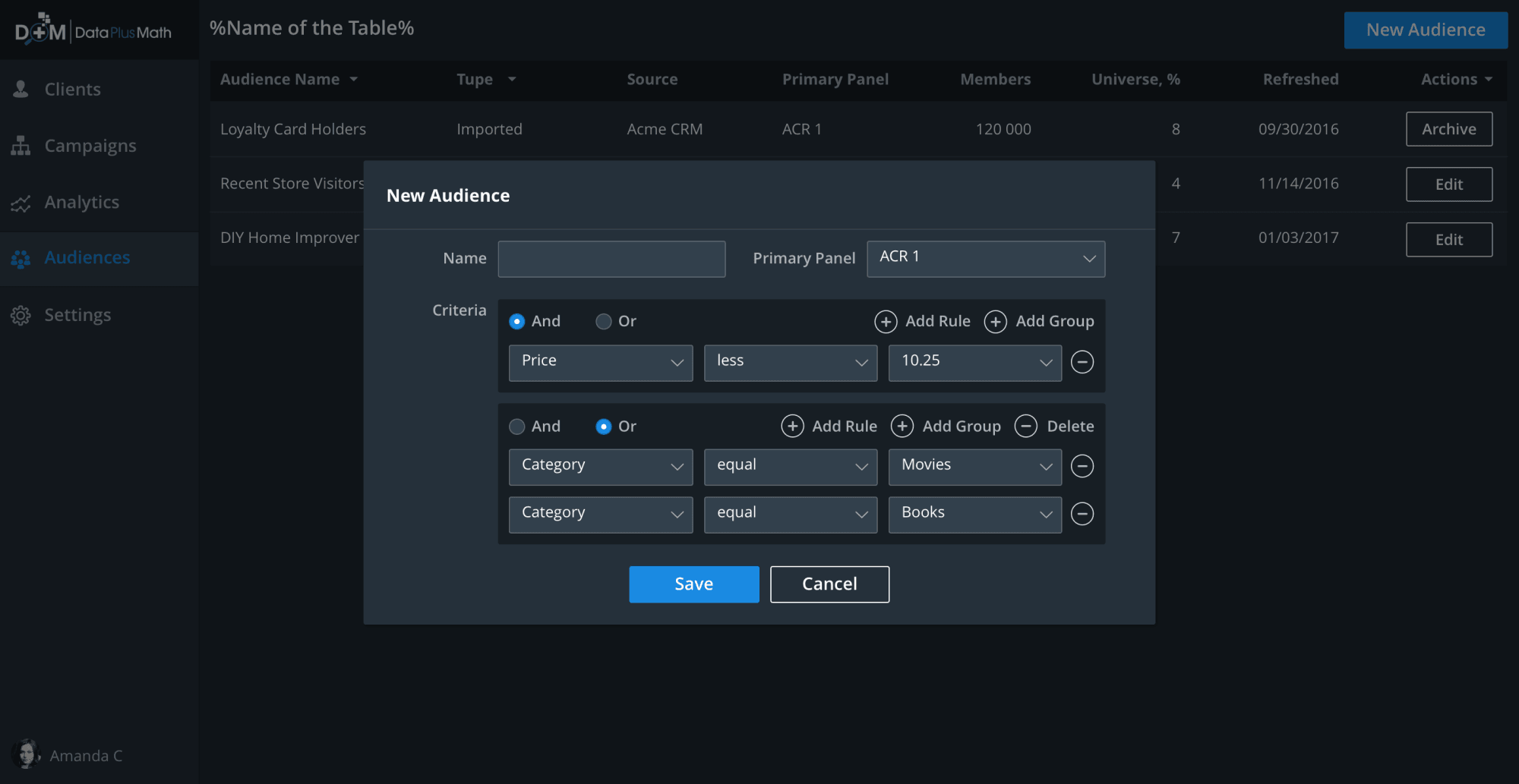 Data Plus Math — audience rule-builder modal with And/Or toggles