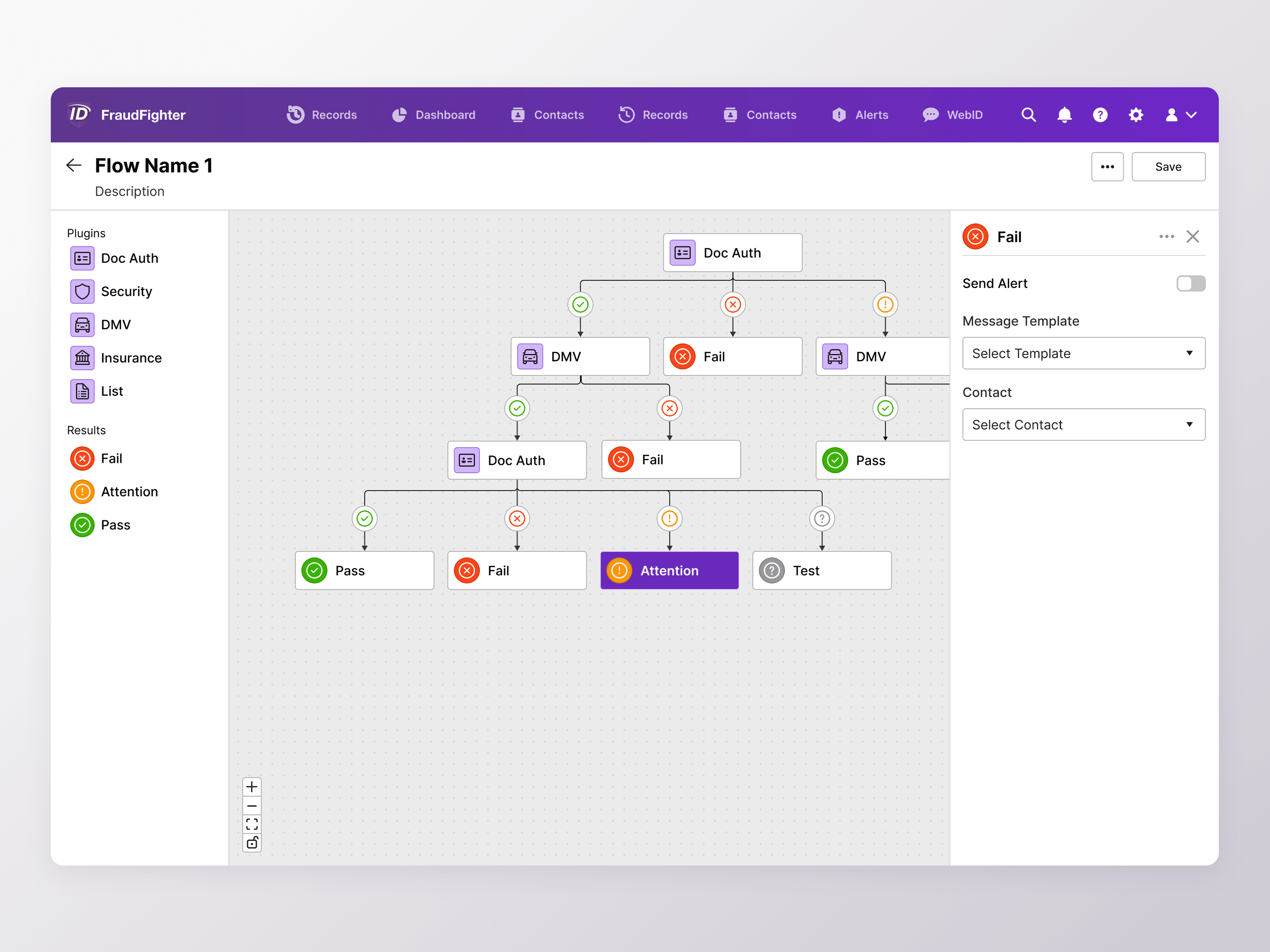 Flow Builders — FraudFighter: rule canvas with branching logic
