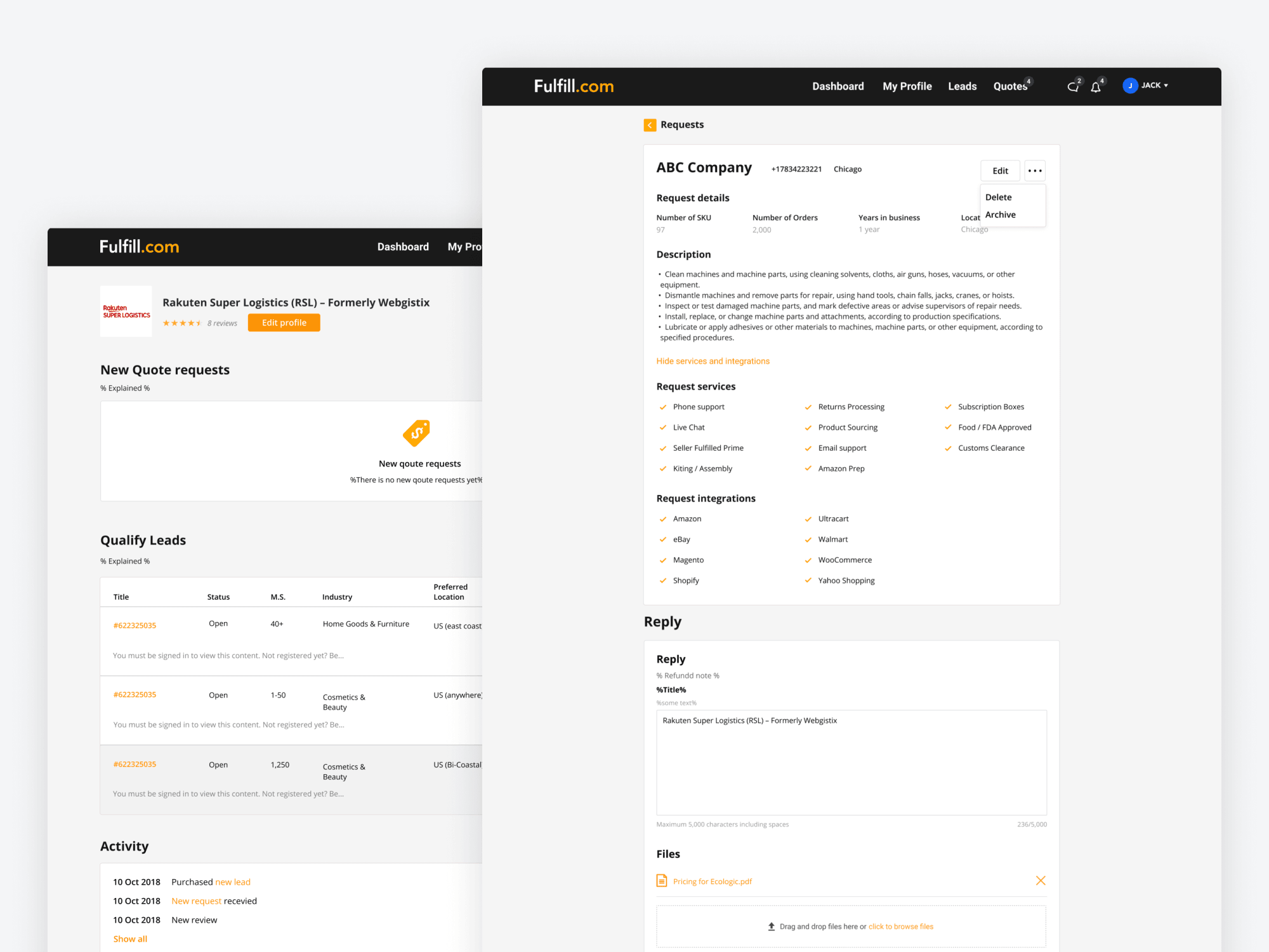 Fulfill — provider dashboard with leads
