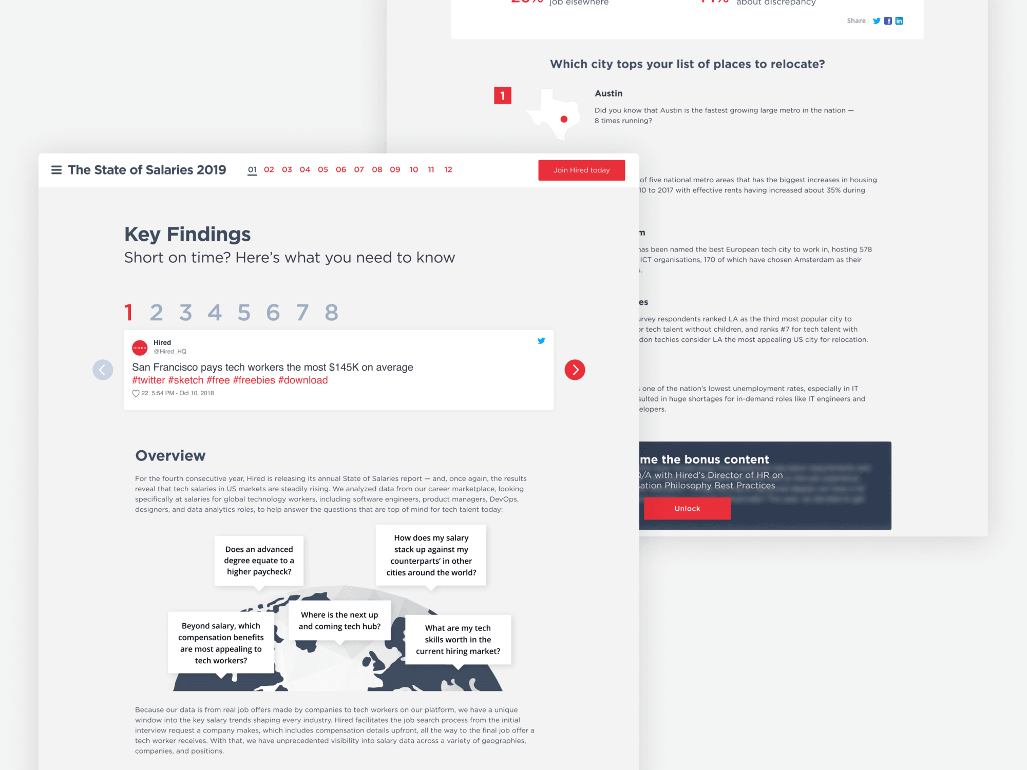 Hired — Salary Report light layout with low-poly globe