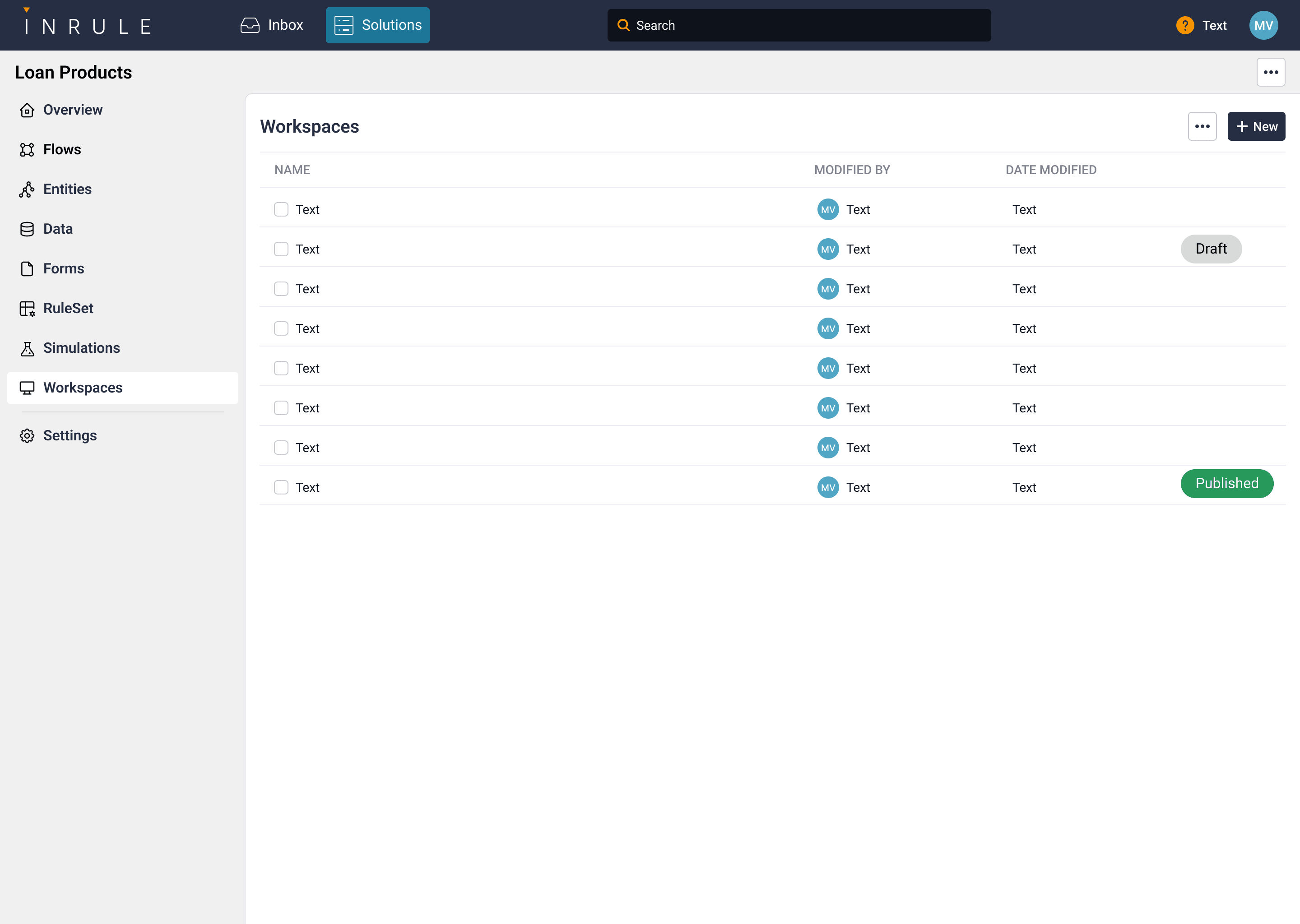 InRule — Workspaces list, with Draft and Published states