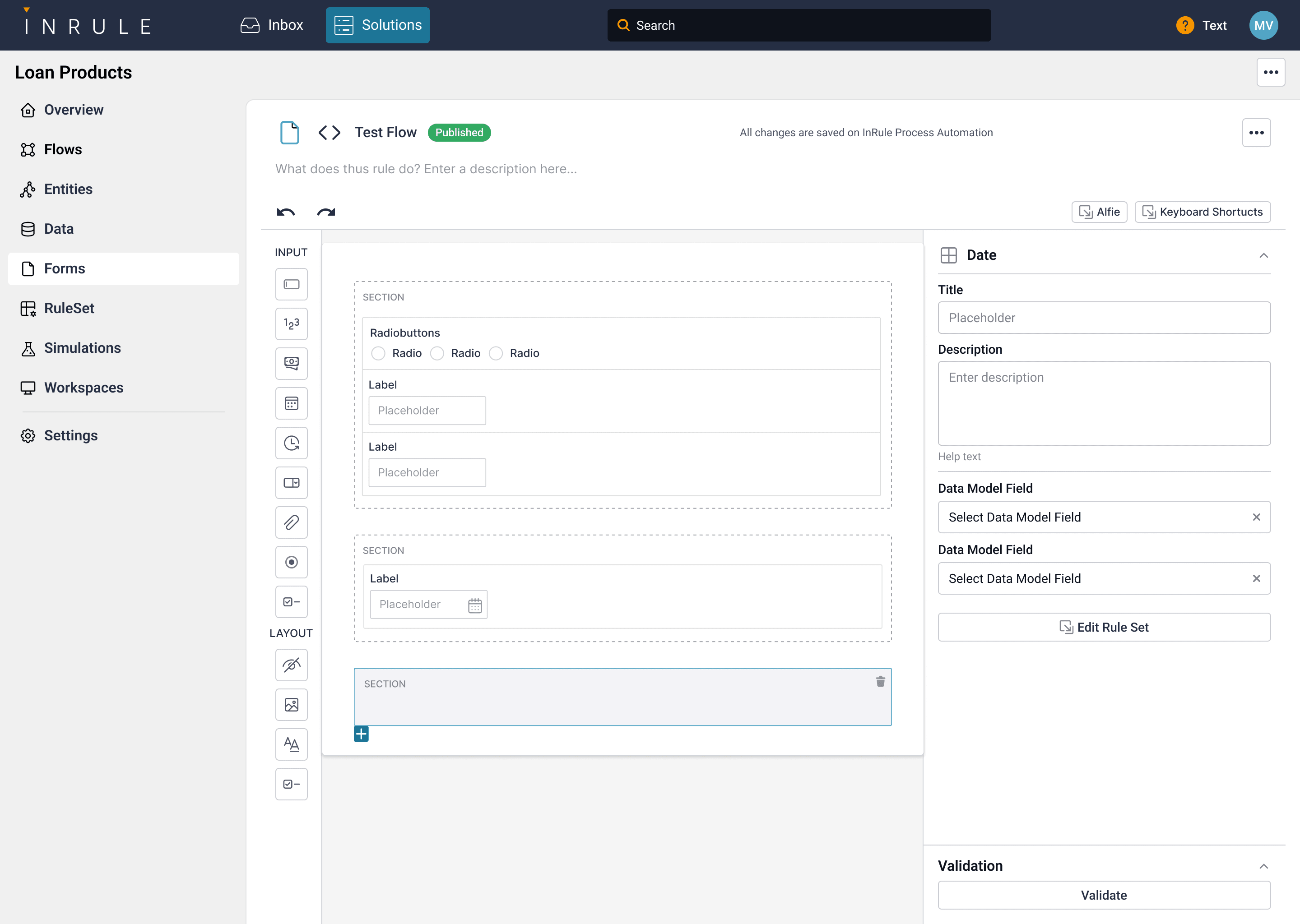 InRule — form builder with input/layout palette and field inspector