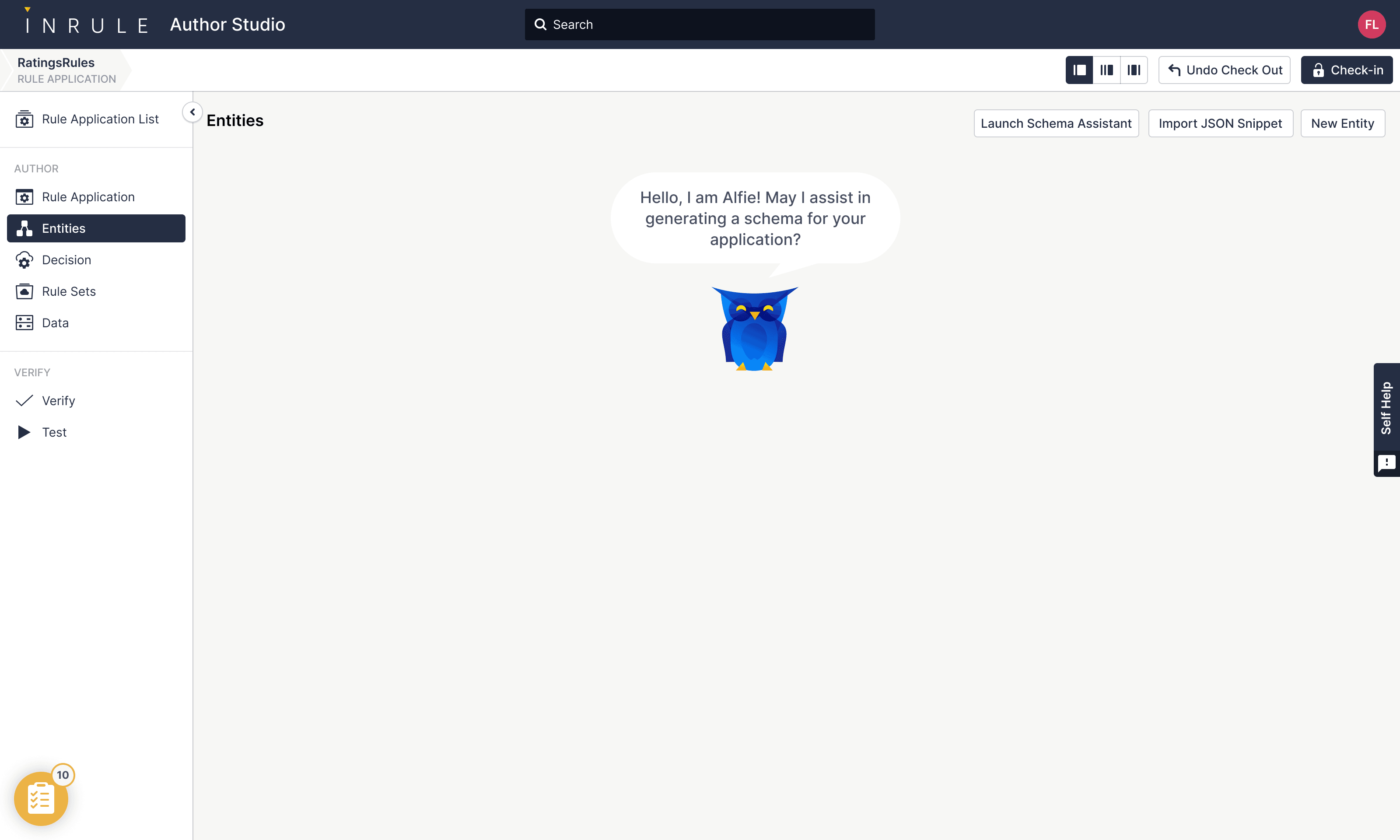 InRule — Schema Assistant empty state, Alfie greets the user