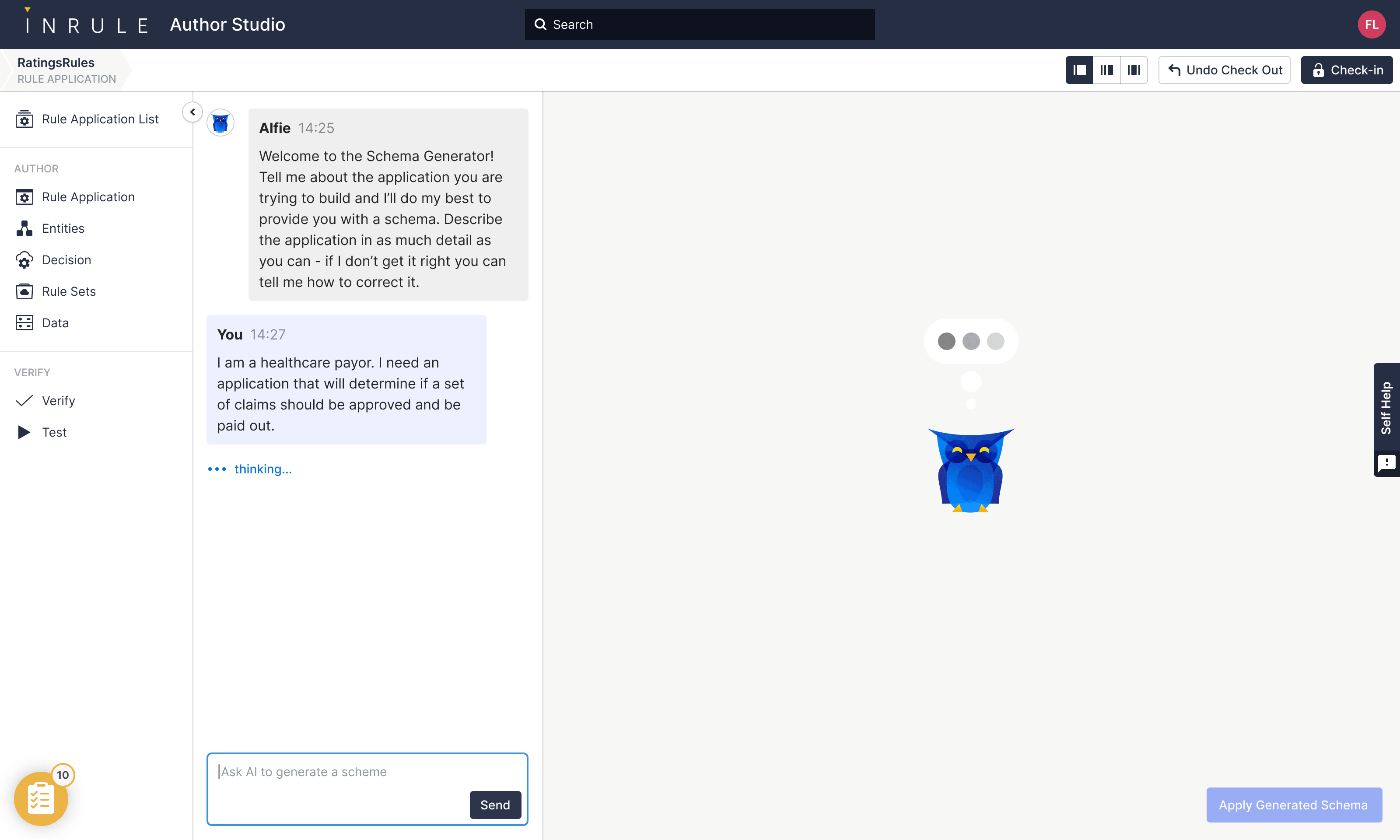 InRule — Schema Assistant thinking after the user describes a healthcare payor app