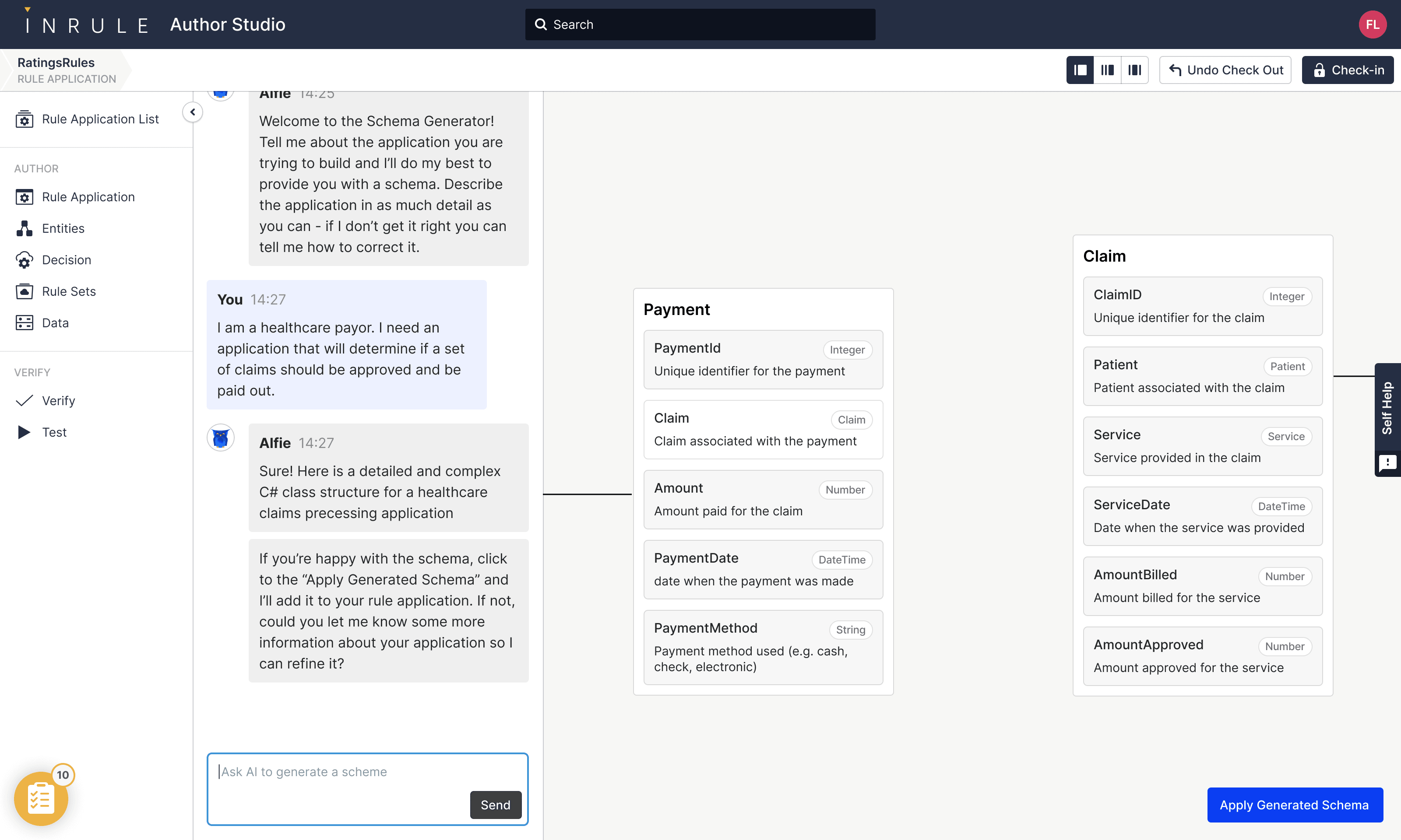 InRule — Schema Assistant returns a generated schema