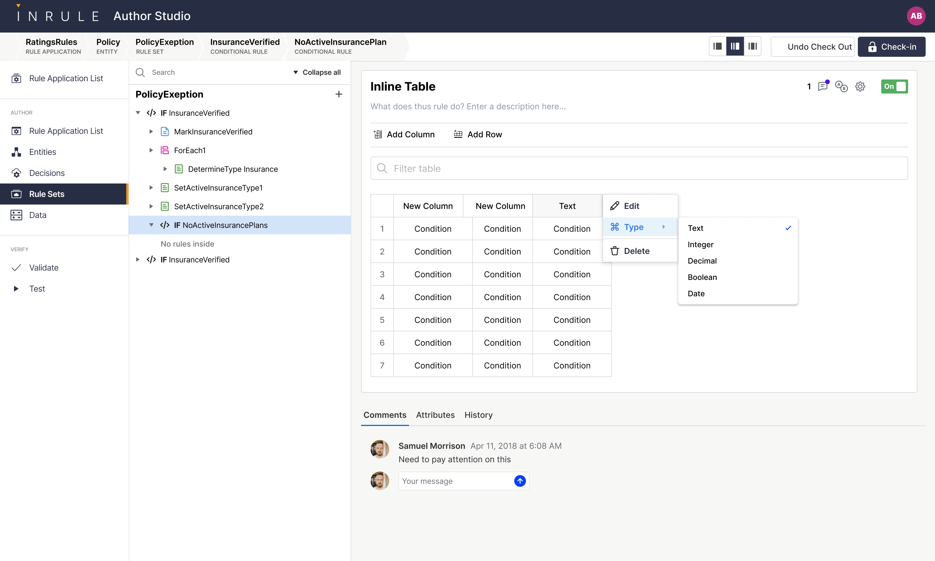 InRule — predecessor Author Studio: inline table editor