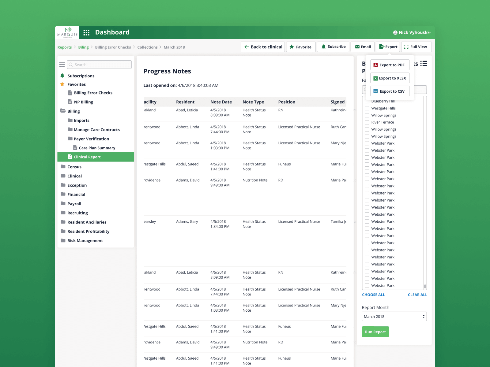 Marquis — Progress Notes report output