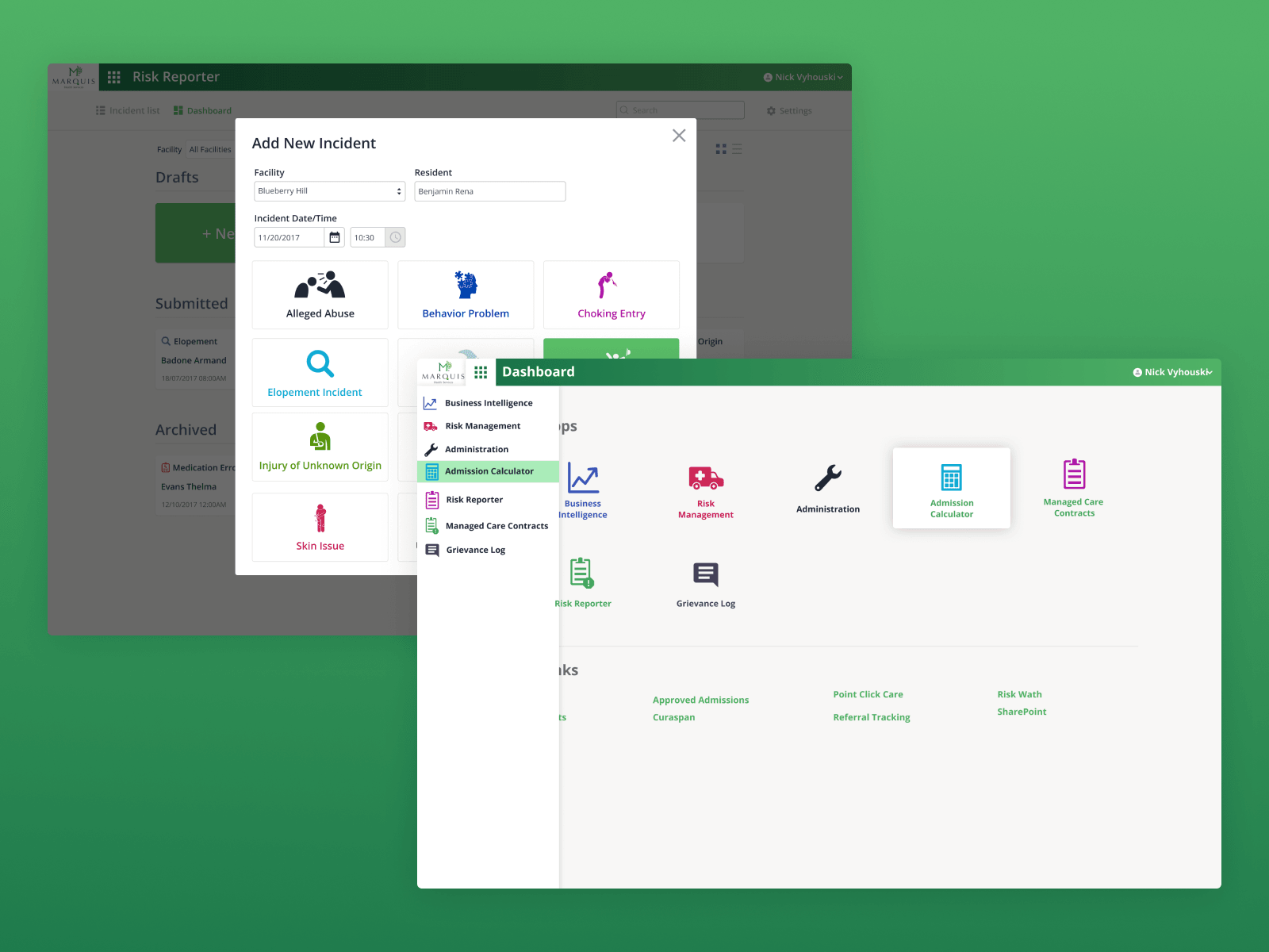 Marquis — Add New Incident modal and module launcher