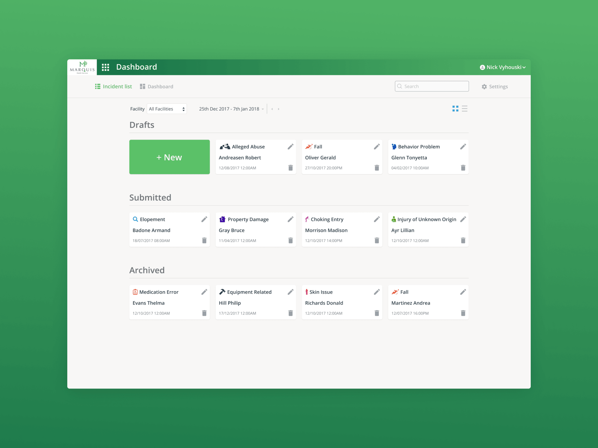 Marquis — Risk Reporter incident list on desktop