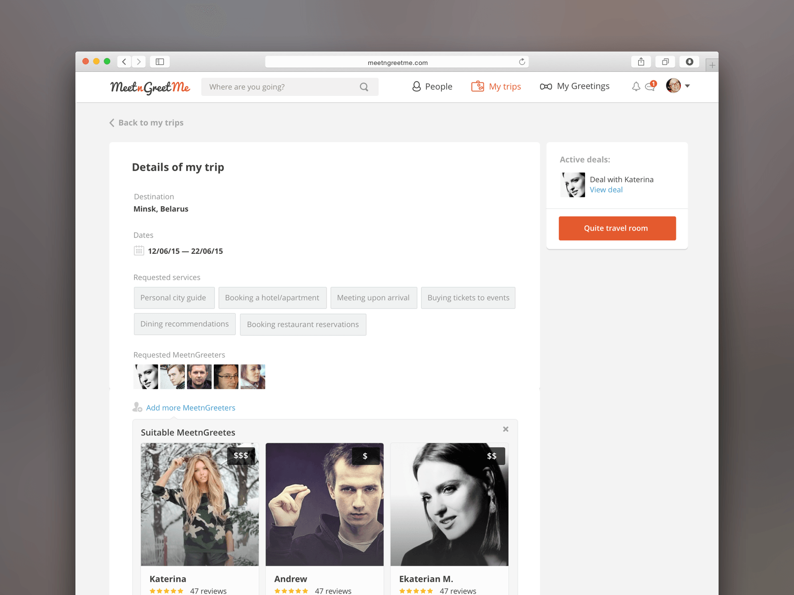 MeetnGreetMe — trip details with service taxonomy and greeter avatars