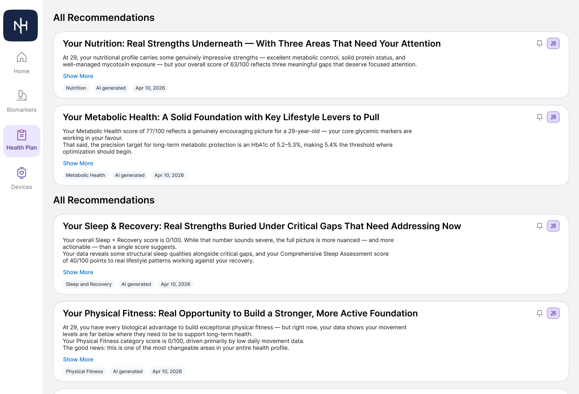 NextHealth — category detail with warnings and AI-generated recommendation