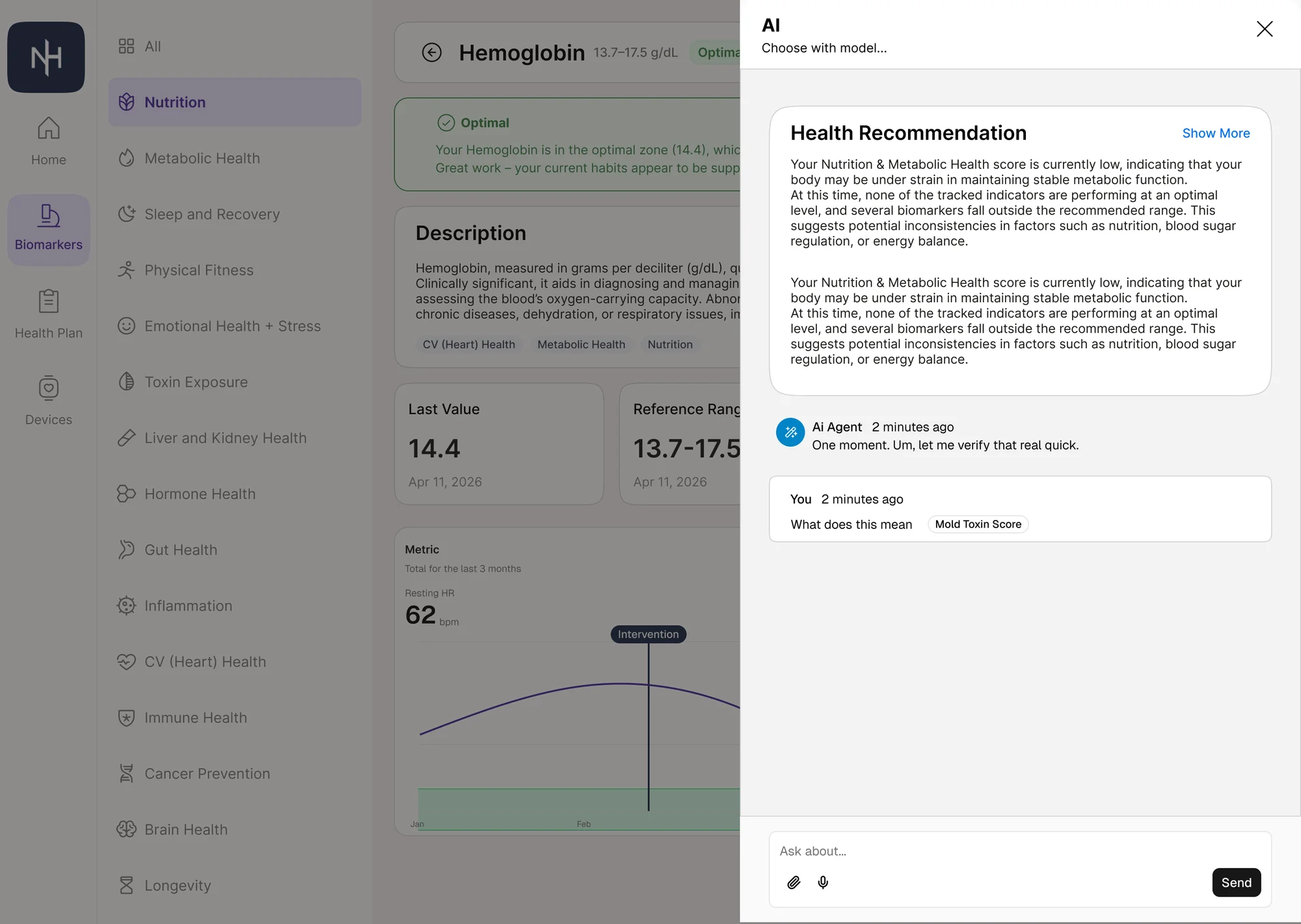 NextHealth — AI assistant drawer next to biomarker view
