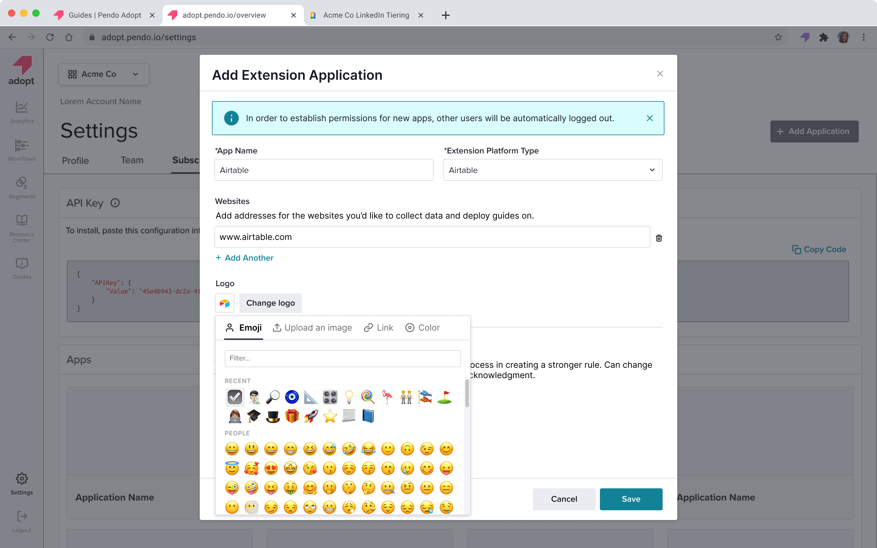 Pendo Adopt — Add Extension Application modal