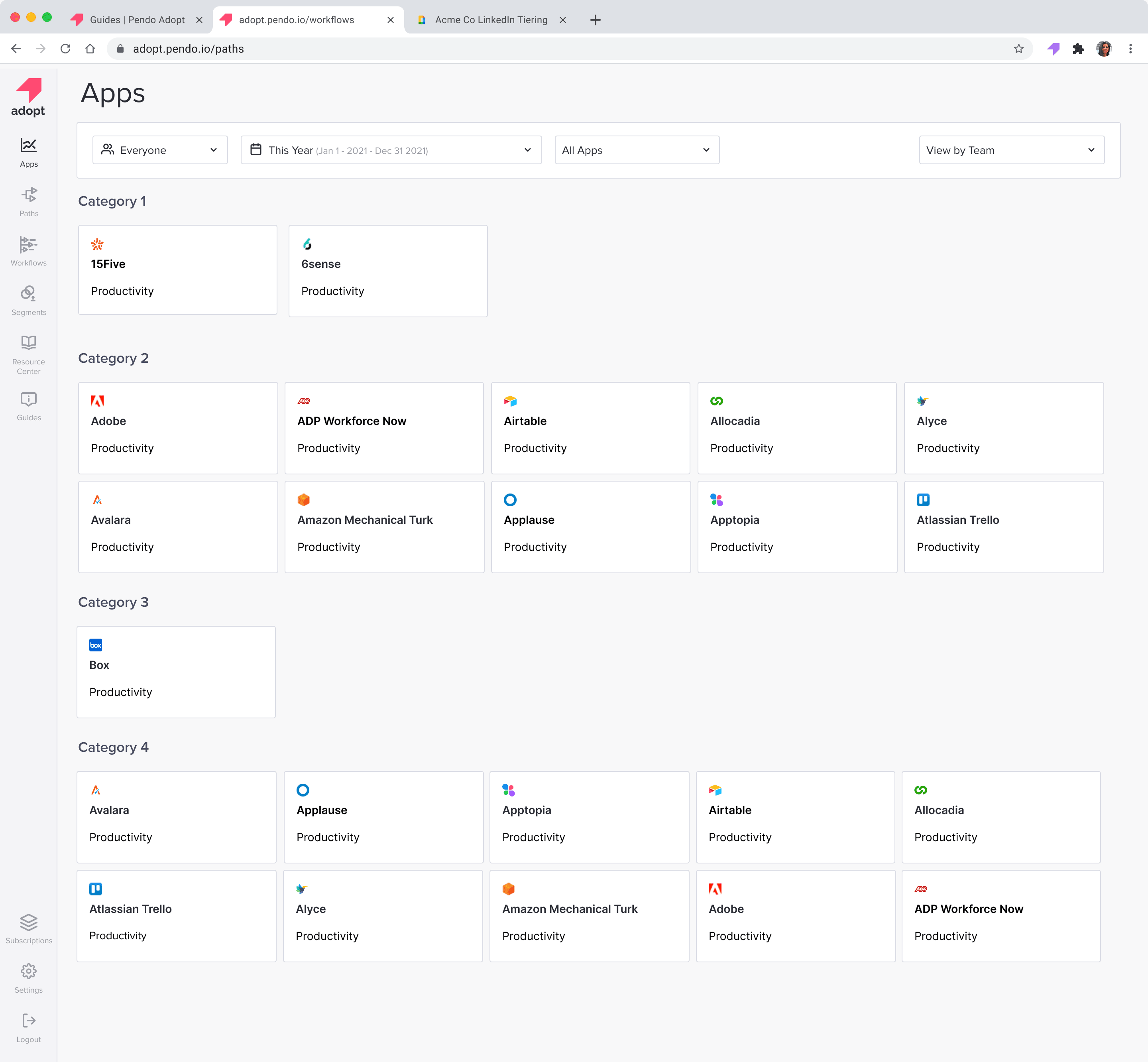 Pendo Adopt — Apps catalog, tiled by category