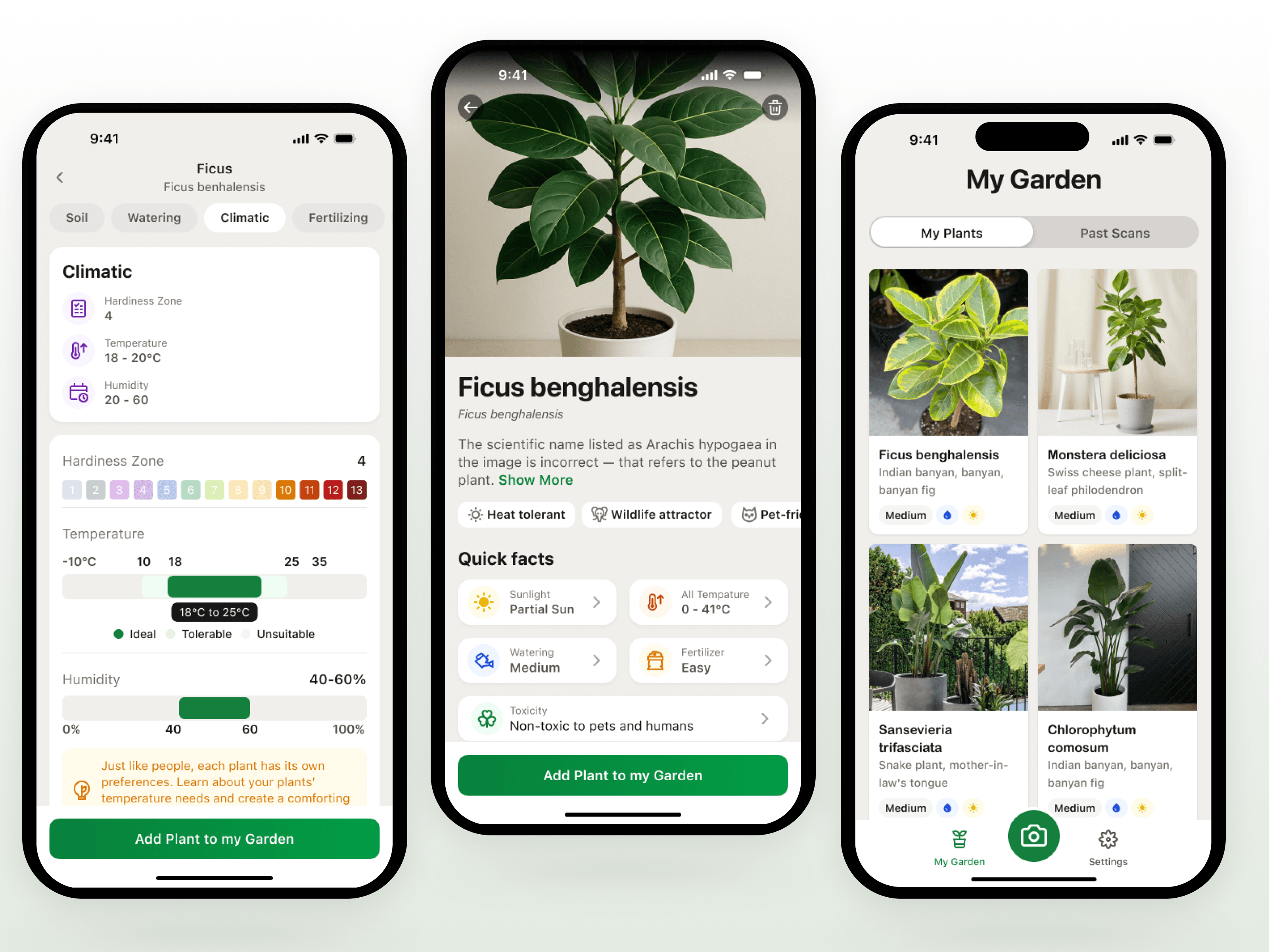 Light-mode product screens — plant detail, climatic data, My Garden