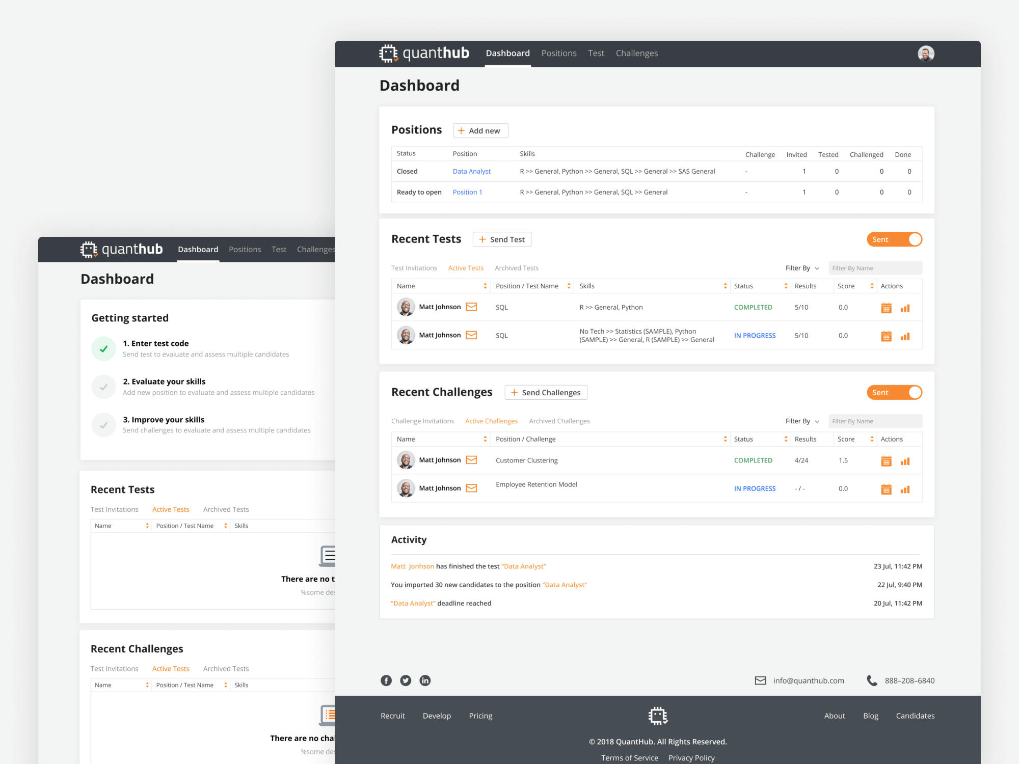 QuantHub — Quant dashboard, empty and populated states