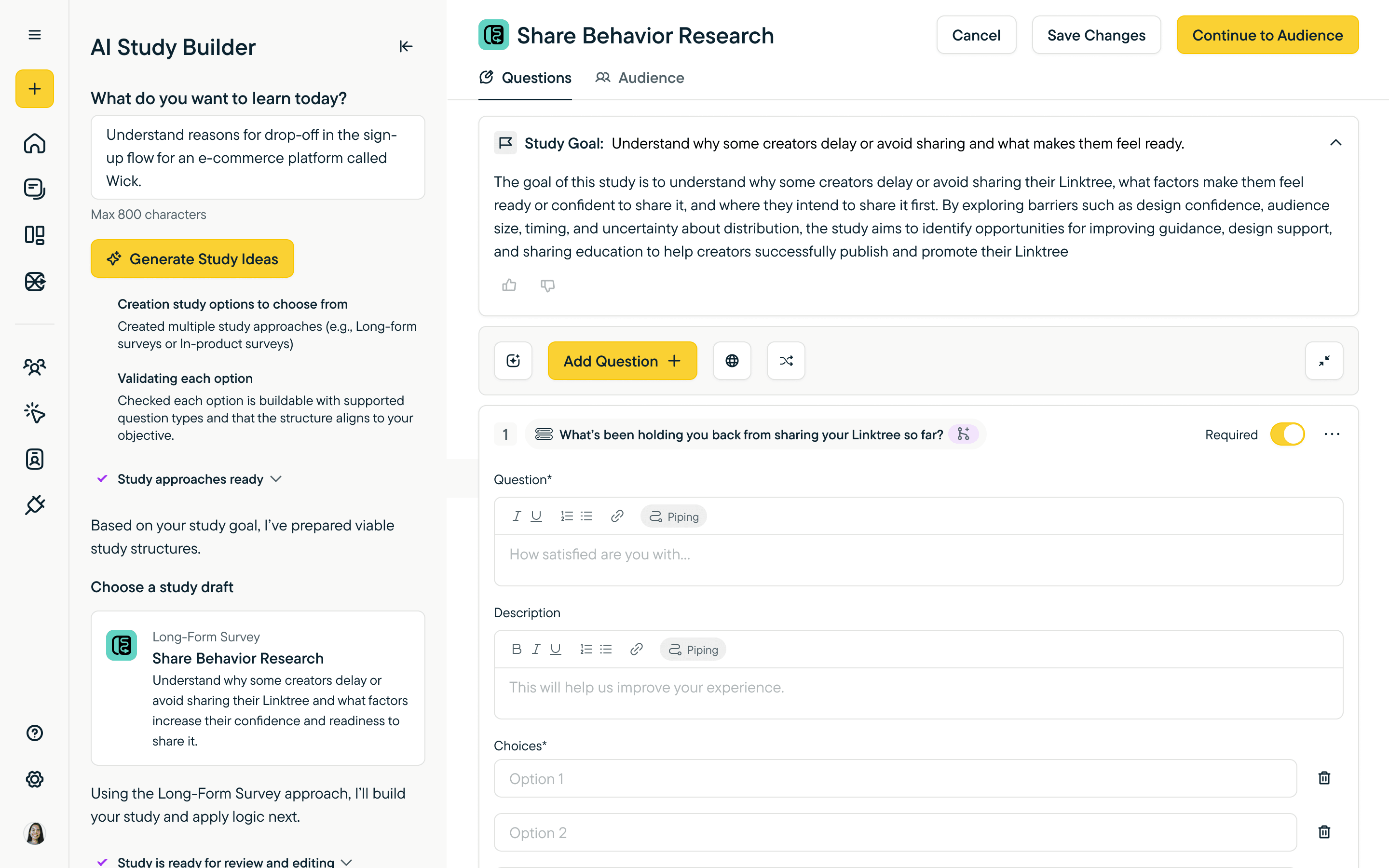 Sprig — study built, AI sidebar continues in context