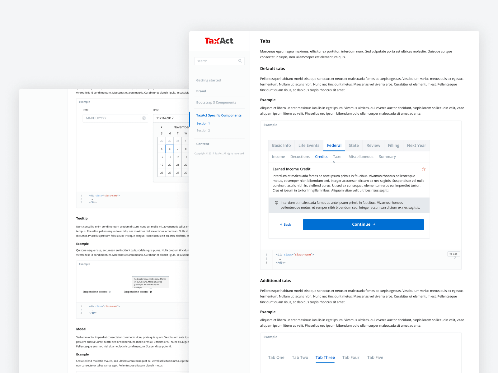 TaxAct — component specifications for tabs, tooltip, and date input