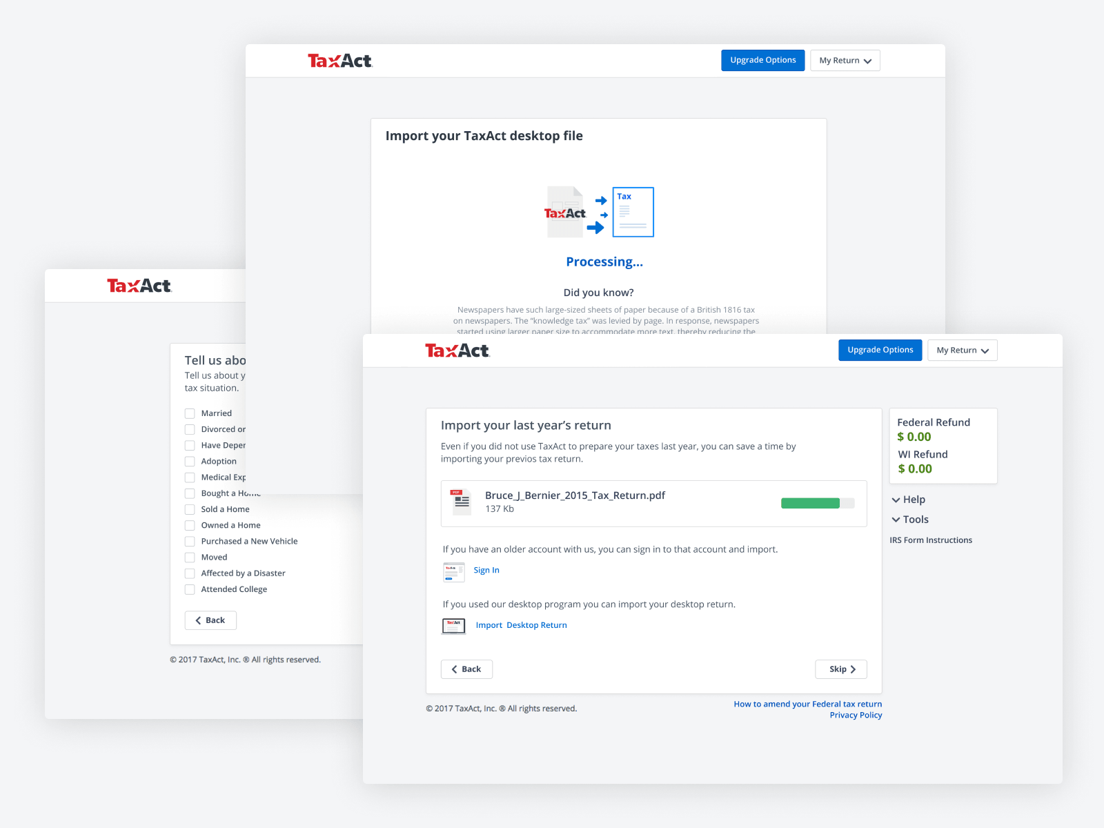 TaxAct — import and onboarding flow shown as three layered screens