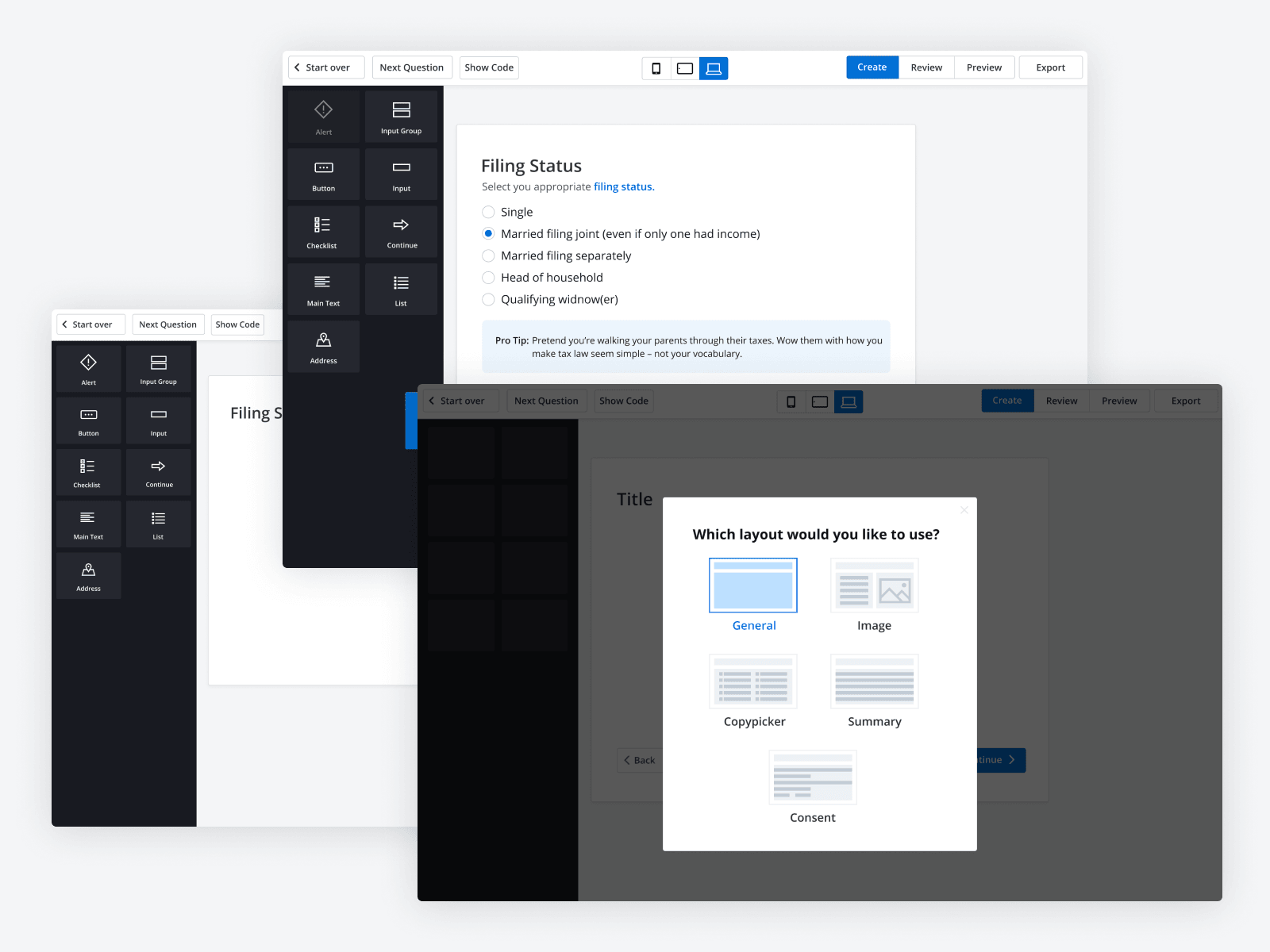 TaxAct — WYSIWYG editor component palette and Which layout? picker