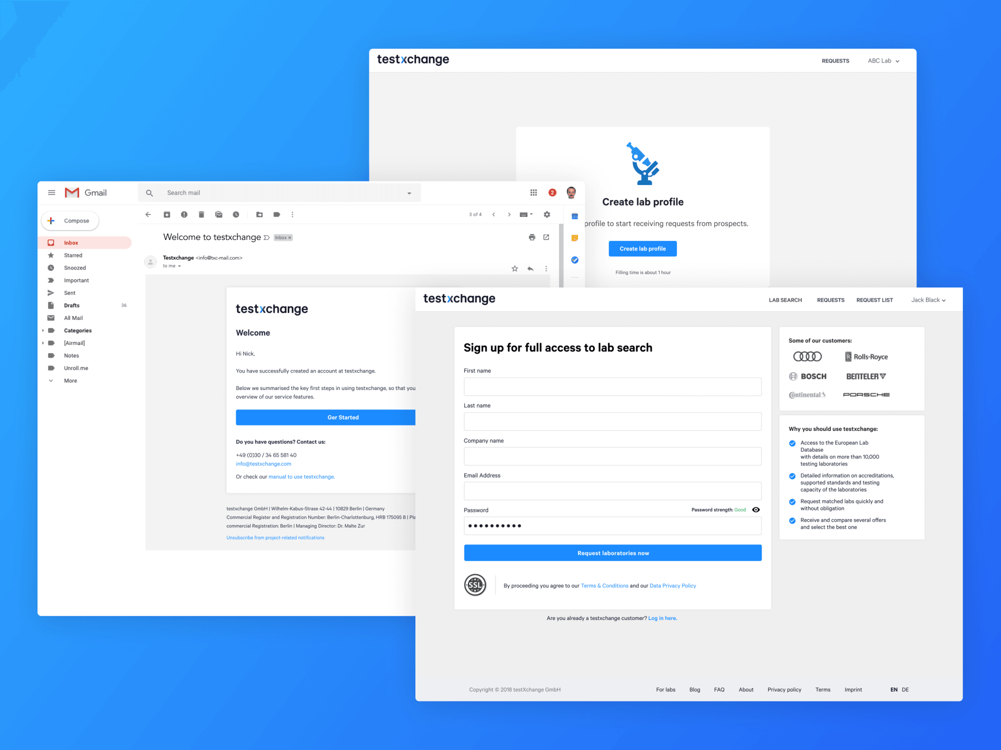 Testxchange — onboarding with email signup and create-lab empty state