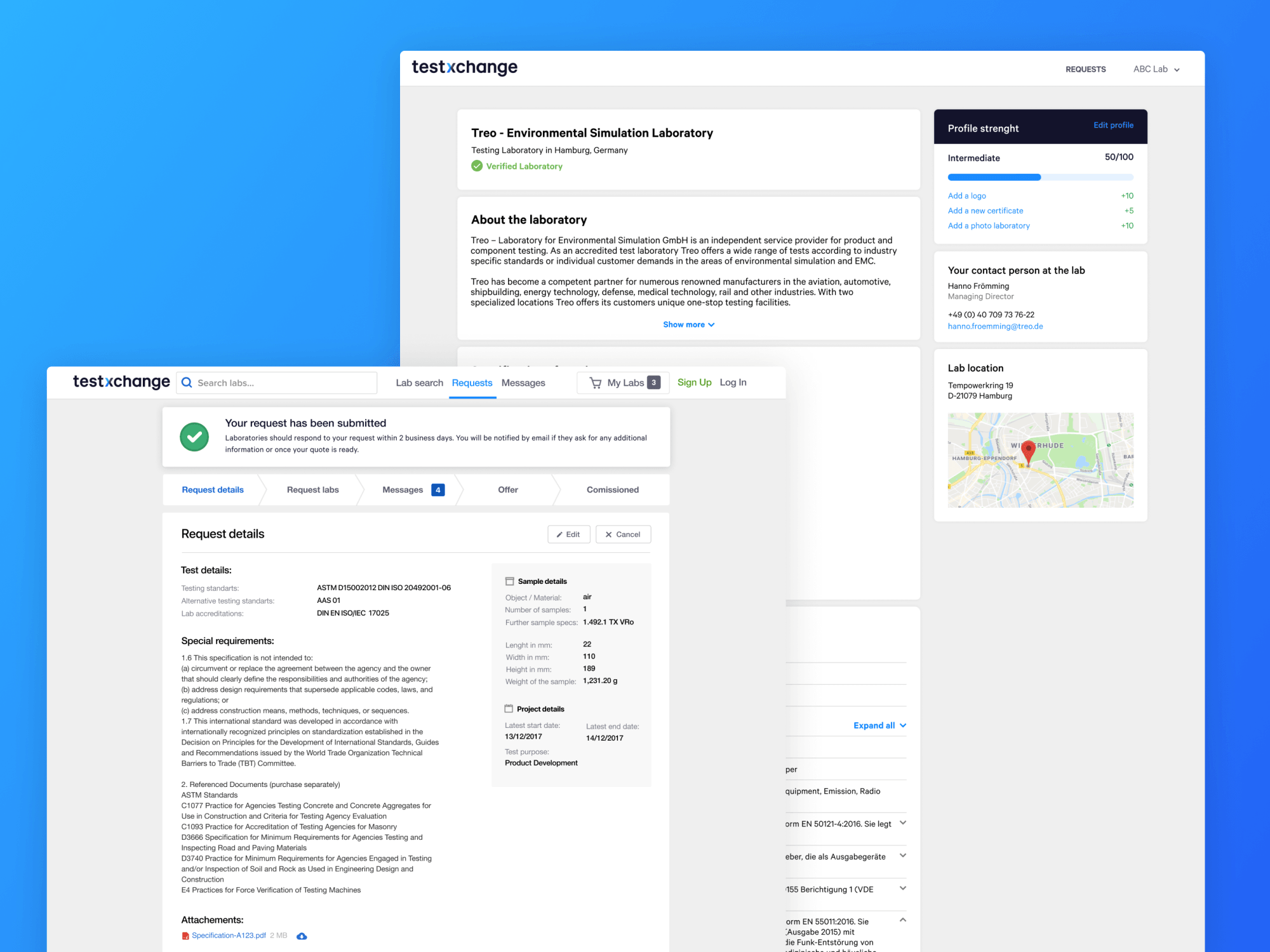 Testxchange — lab profile page with request submission