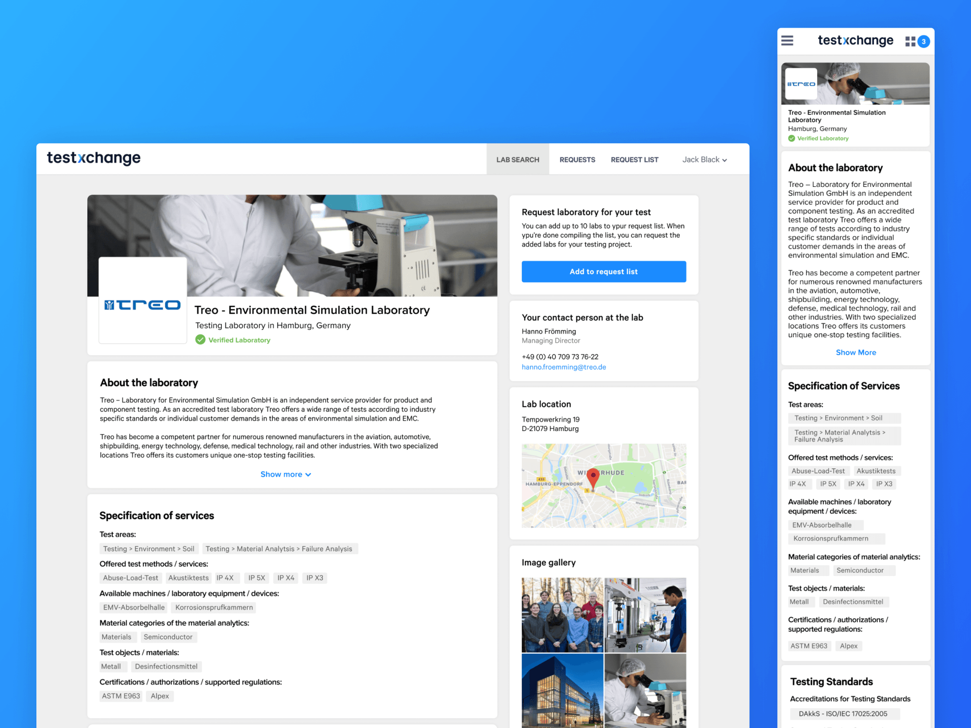 Testxchange — responsive desktop and mobile views