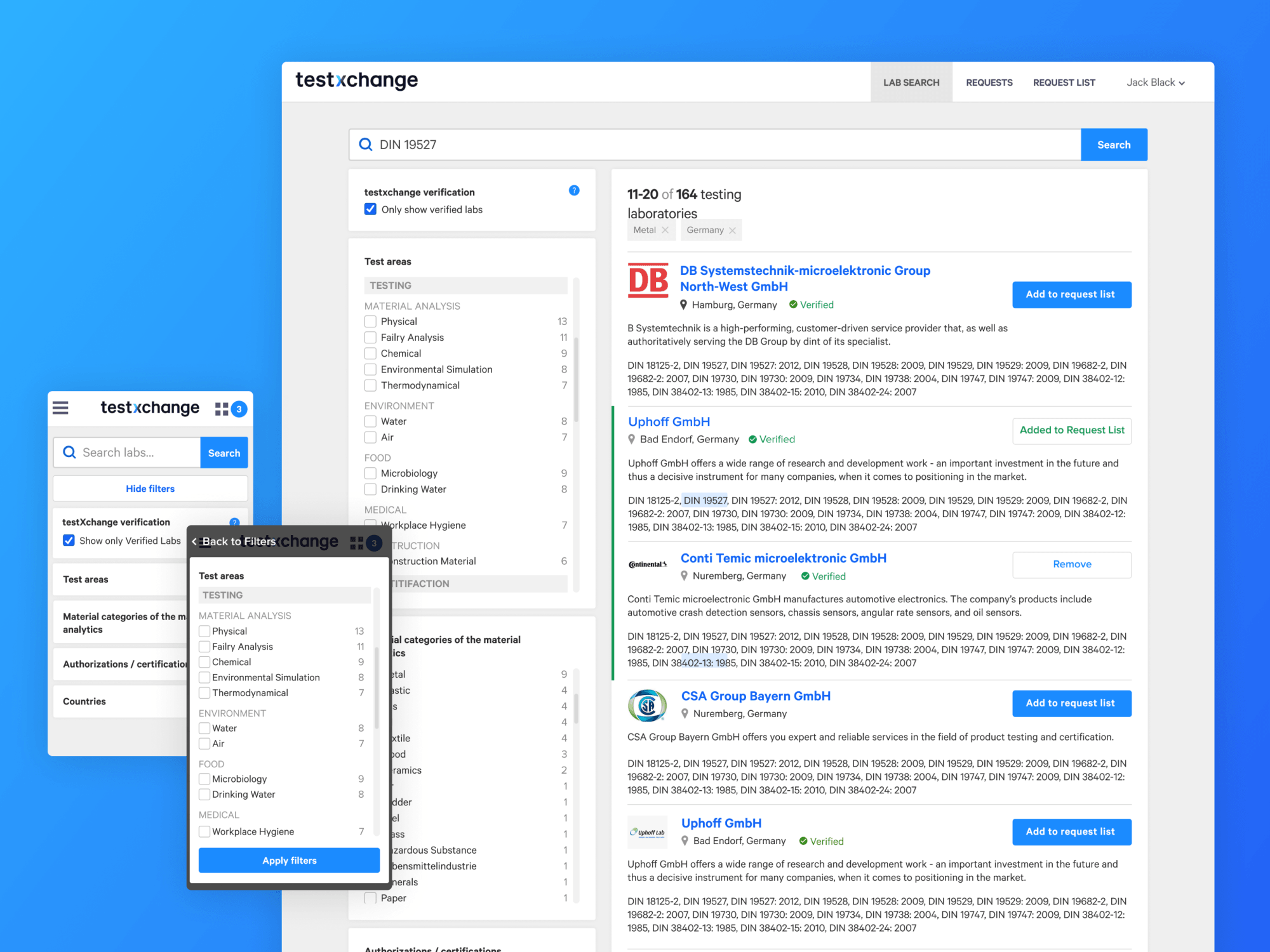 Testxchange — search results for DIN 19527 with filter rail and mobile overlay