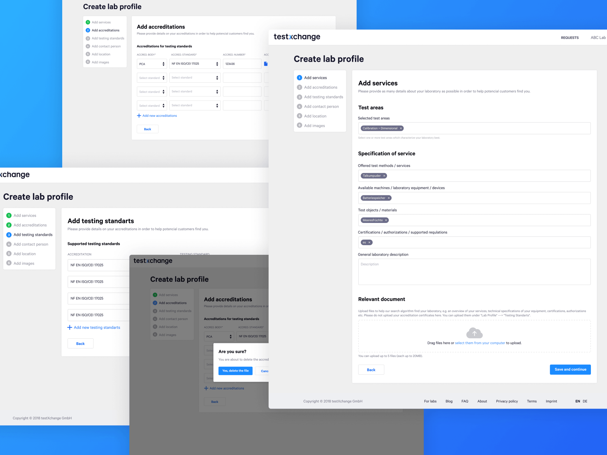 Testxchange — wizard step for accreditations and DIN standards with confirmation modal