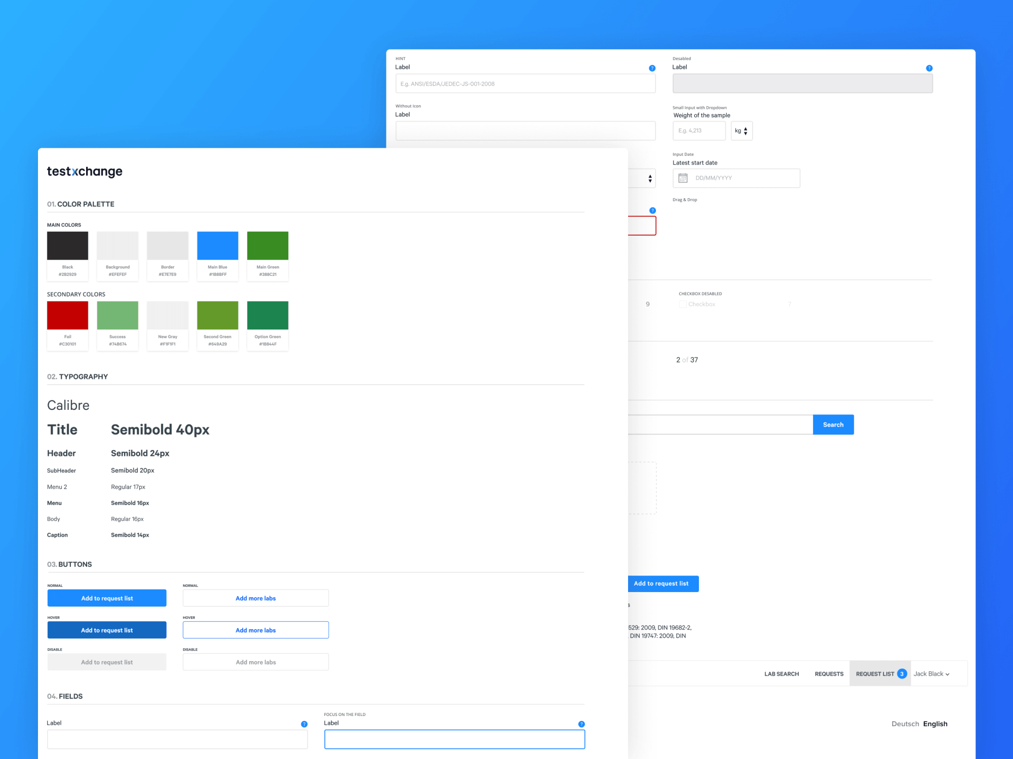 Testxchange — design system with color, type, buttons, and forms