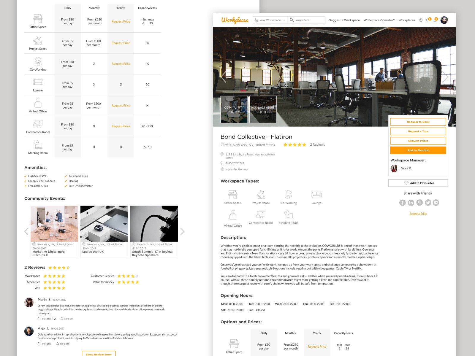 Workplaces — Bond Collective listing detail with Request to Book, Tour, and Prices CTAs