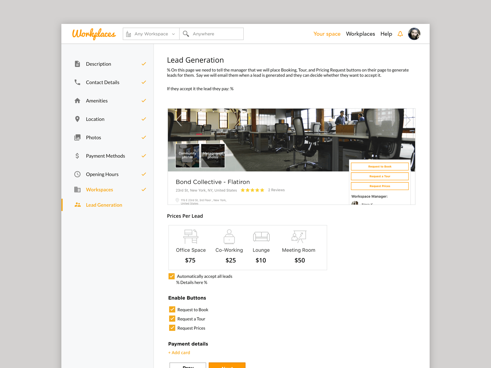 Workplaces — Lead Generation admin with pricing tiles