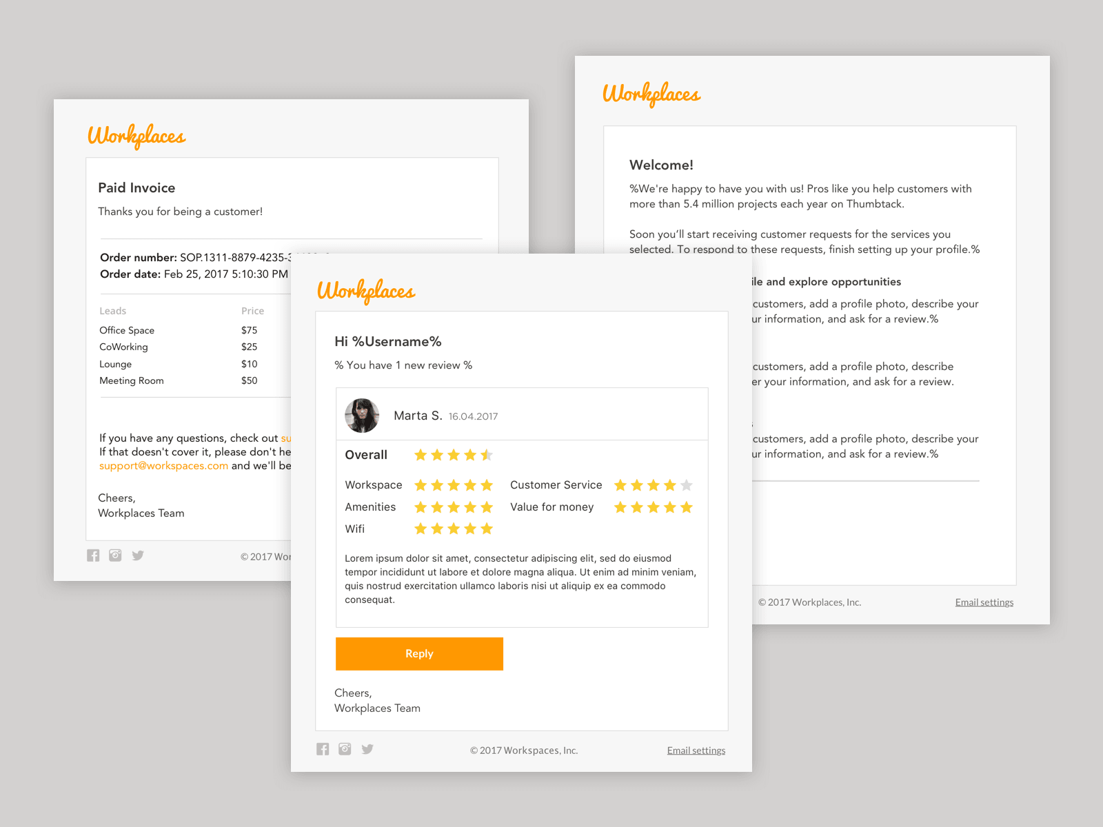 Workplaces — transactional email mockups