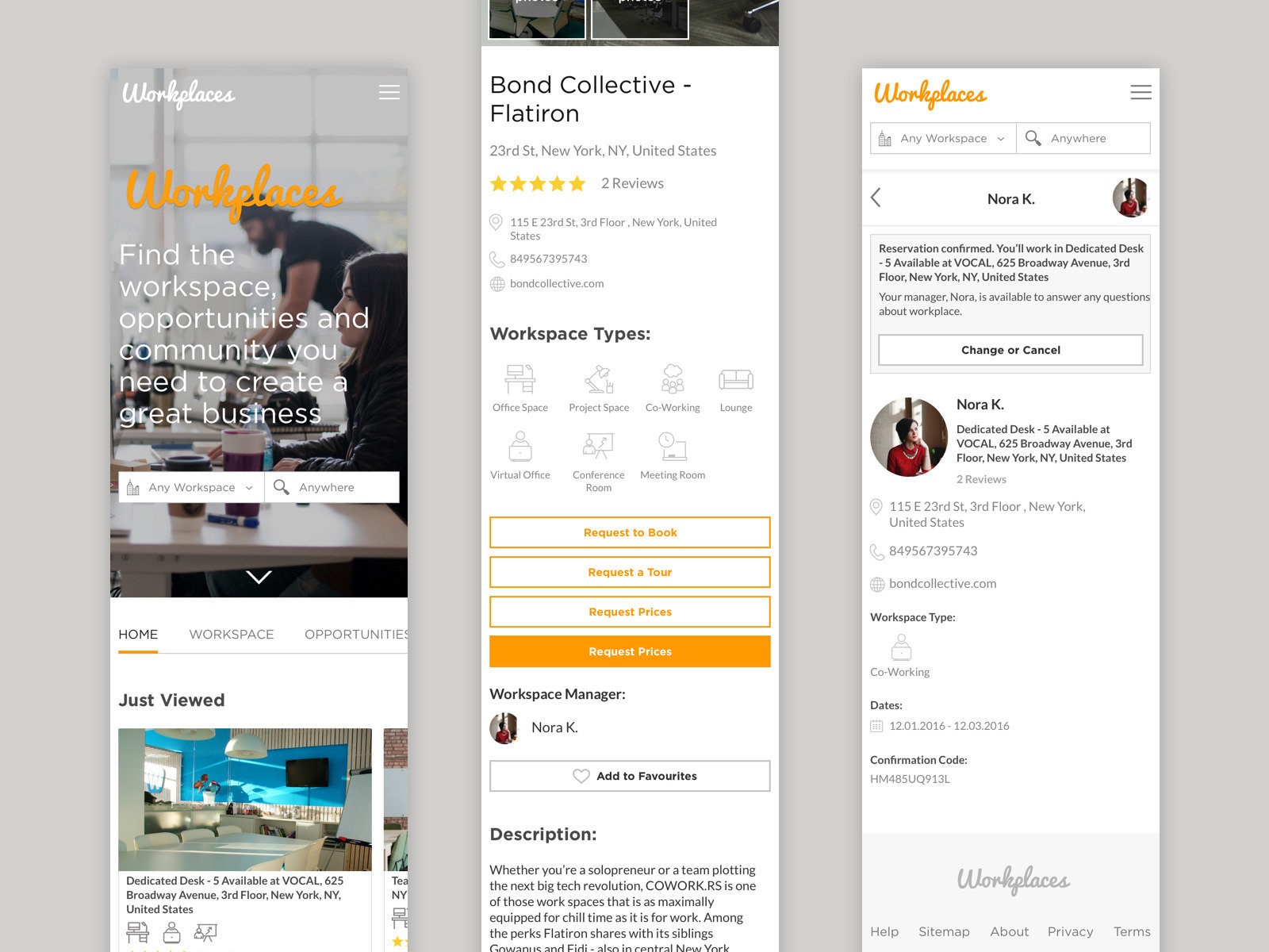 Workplaces — mobile triptych showing hero, listing detail, and reservation confirmation